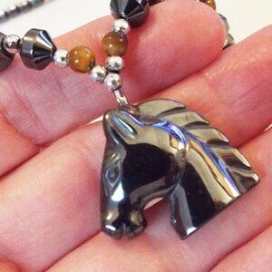 HEMATITE HANDCARVED STALLION HORSE'S HEAD W/ TIGER'S EYE BEADS NECKLACE C